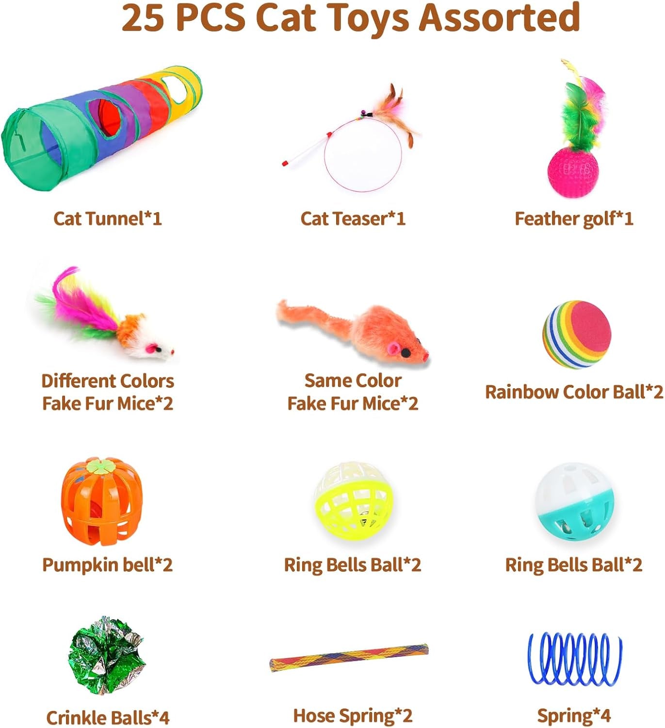 Ultimate 25-Piece Cat Toy Bundle with Rainbow Tunnel - Interactive Playtime Set for Indoor Cats & Kittens, Featuring Feather Teasers, Springs, Balls, Mice & Noisy Toys!