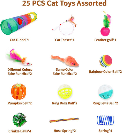 Ultimate 25-Piece Cat Toy Bundle with Rainbow Tunnel - Interactive Playtime Set for Indoor Cats & Kittens, Featuring Feather Teasers, Springs, Balls, Mice & Noisy Toys!