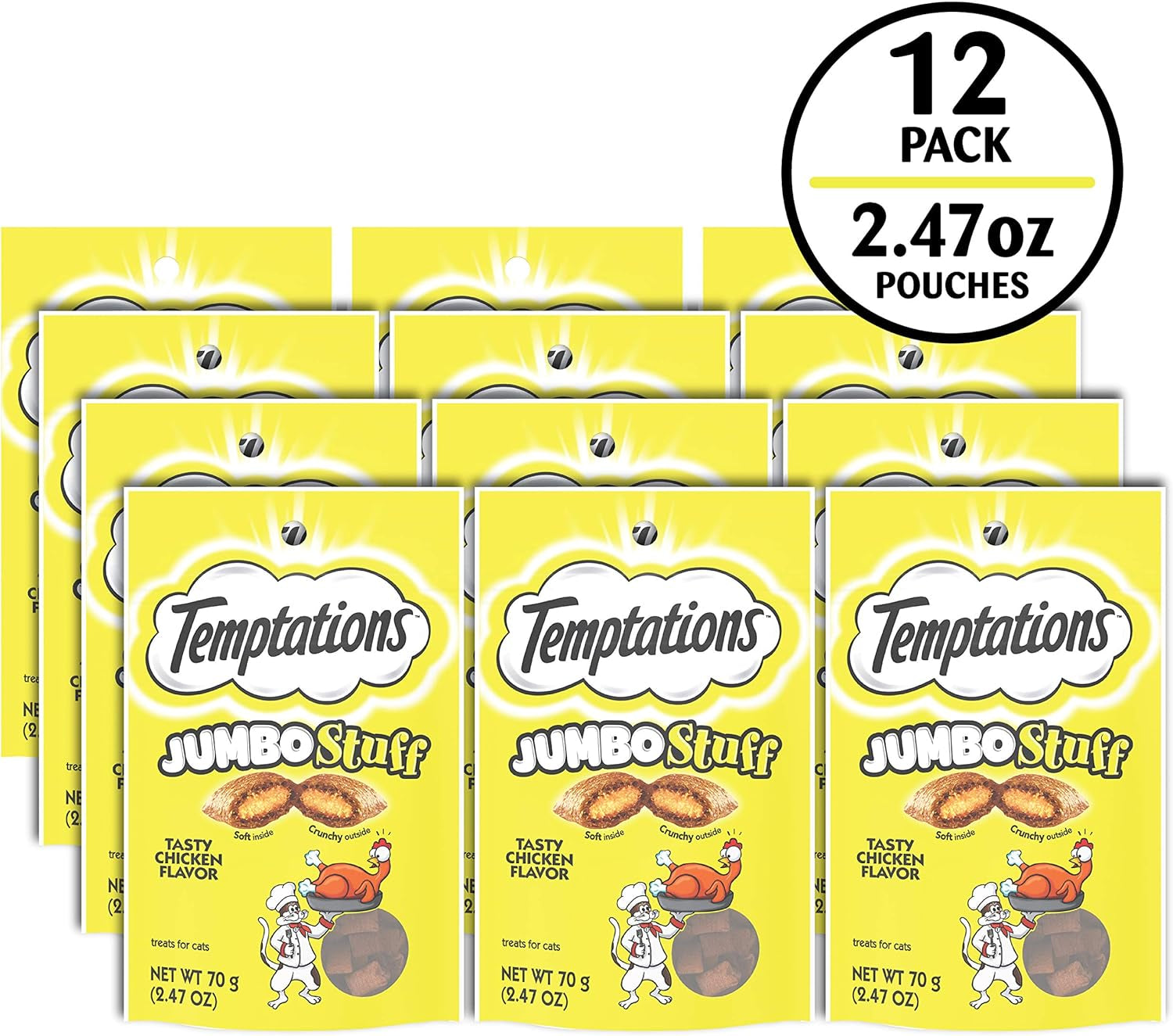Jumbo Stuffed Cat Treats - Crunchy & Soft Chicken Flavor, 2.5 Oz Pouch (Pack of 12) - Irresistible Delight for Your Feline Friend!