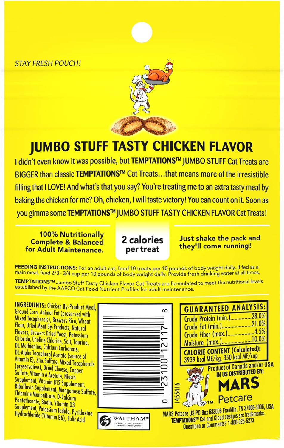 Jumbo Stuffed Cat Treats - Crunchy & Soft Chicken Flavor, 2.5 Oz Pouch (Pack of 12) - Irresistible Delight for Your Feline Friend!