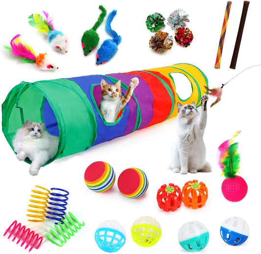 Ultimate 25-Piece Cat Toy Bundle with Rainbow Tunnel - Interactive Playtime Set for Indoor Cats & Kittens, Featuring Feather Teasers, Springs, Balls, Mice & Noisy Toys!